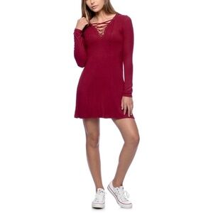 Empyre Walsh Lace Up Burgundy Long Sleeve Ribbed Dress​